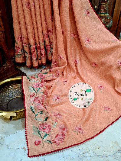 Zynah Pure Jute Muslin Embroidery Saree with Crochet lace; Custom Stitched/Ready-made Blouse, Fall, Petticoat; Shipping available USA, Worldwide