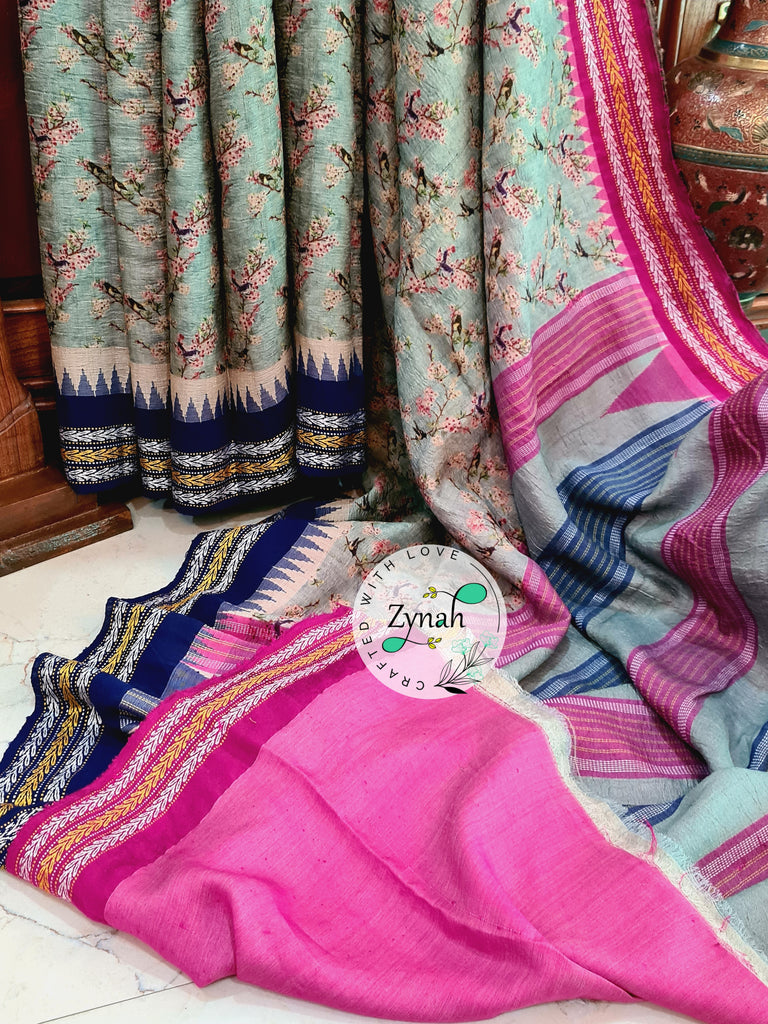 Zynah Pure Vidarbha Tussar Silk Saree with Digital Floral Print, Karvati Kinar & Temple border; Custom Stitched/Ready-made Blouse, Fall, Petticoat; Shipping available USA, Worldwide