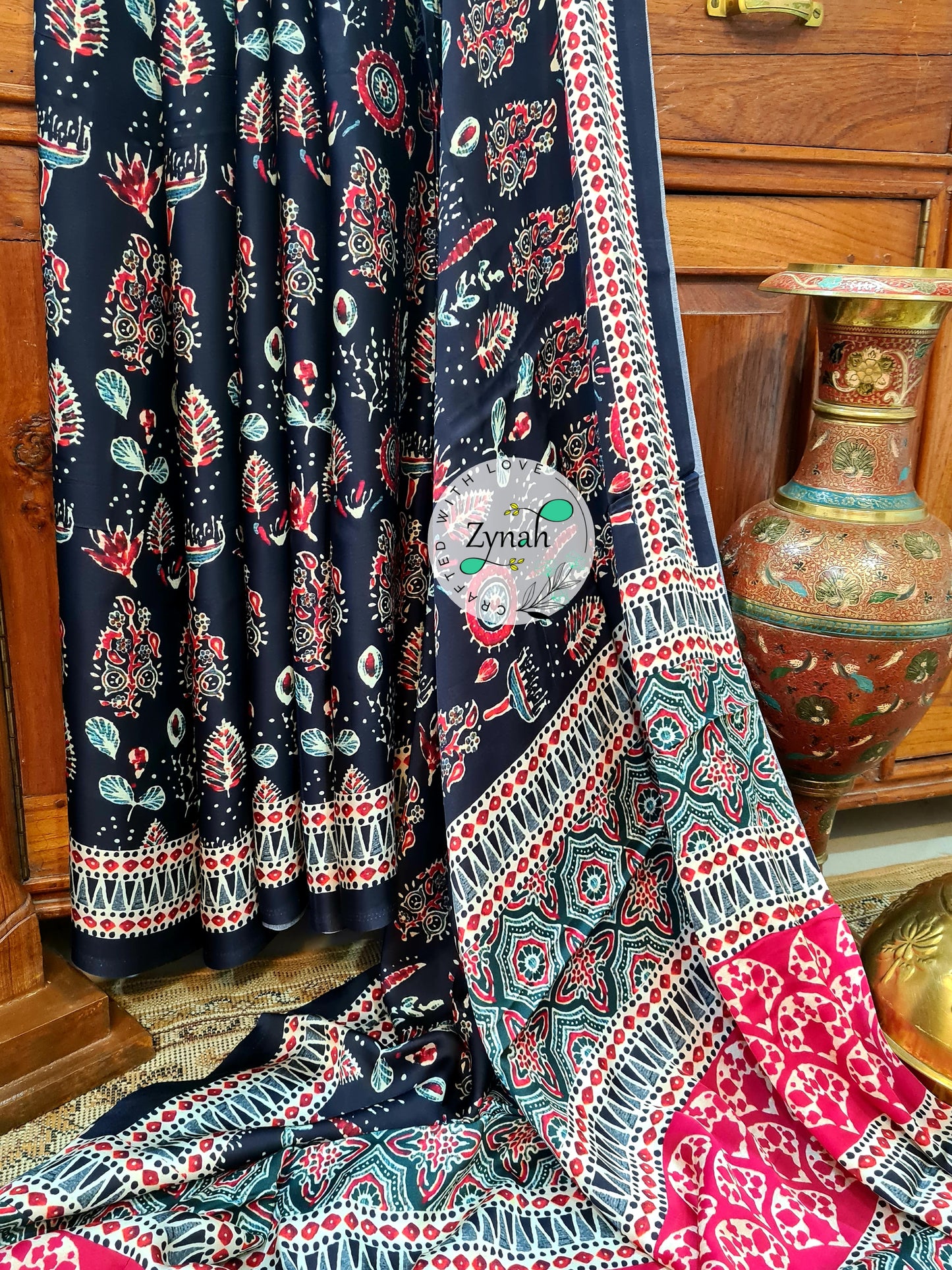 Zynah Pure Gajji Silk Ajrakh Saree with tissue zari pallu & Handblock Printed; Custom Stitched/Ready-made Blouse, Fall, Petticoat; Shipping available USA, Worldwide