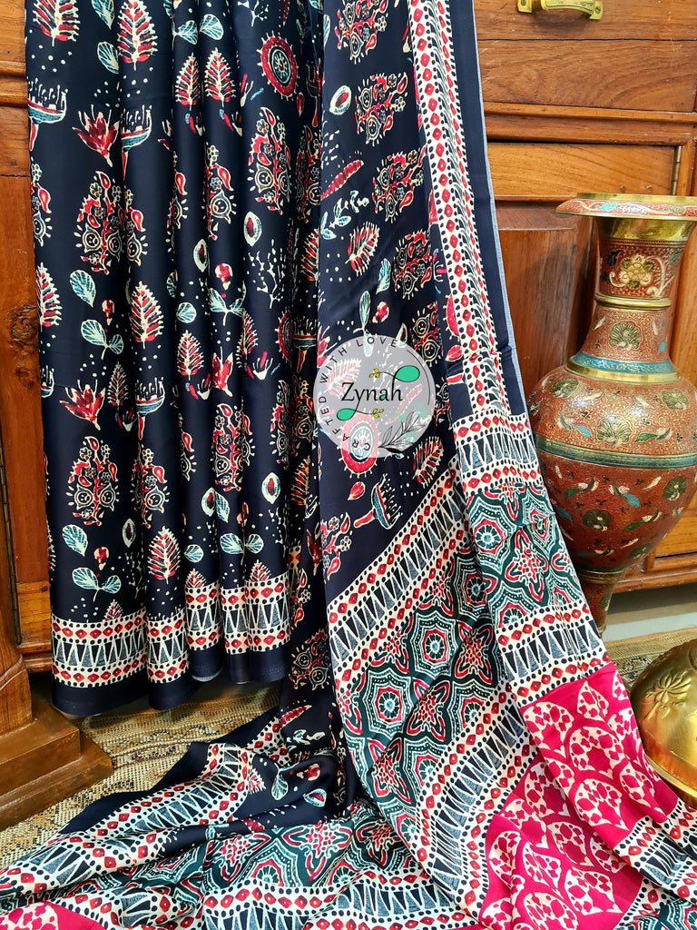 Zynah Pure Gajji Silk Ajrakh Saree with tissue zari pallu & Handblock Printed; Custom Stitched/Ready-made Blouse, Fall, Petticoat; Shipping available USA, Worldwide
