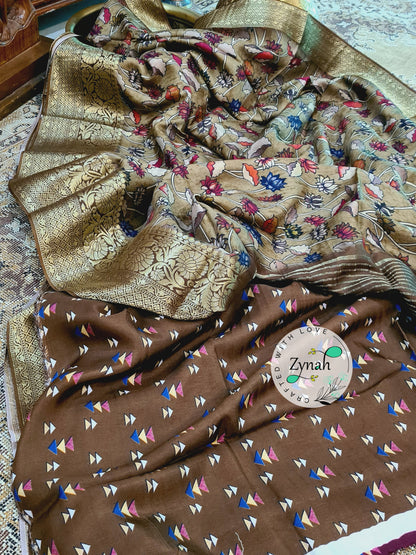 Zynah Pure Munga Silk Saree with Trendy prints & Zari Weave Border; Custom Stitched/Ready-made Blouse, Fall, Petticoat; Shipping available USA, Worldwide