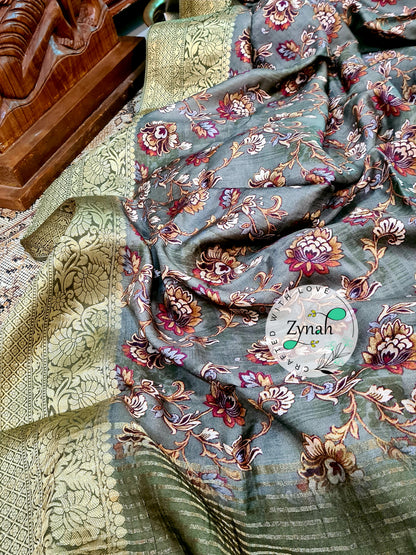 Zynah Pure Munga Silk Saree with Trendy prints & Zari Weave Border; Custom Stitched/Ready-made Blouse, Fall, Petticoat; Shipping available USA, Worldwide