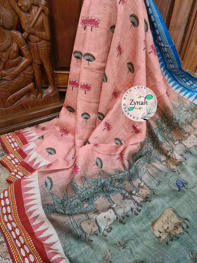 Zynah Pure Vidarbha Tussar Silk Saree with Pichwai Print, Karvati Kinar & Temple border; Custom Stitched/Ready-made Blouse, Fall, Petticoat; Shipping available USA, Worldwide