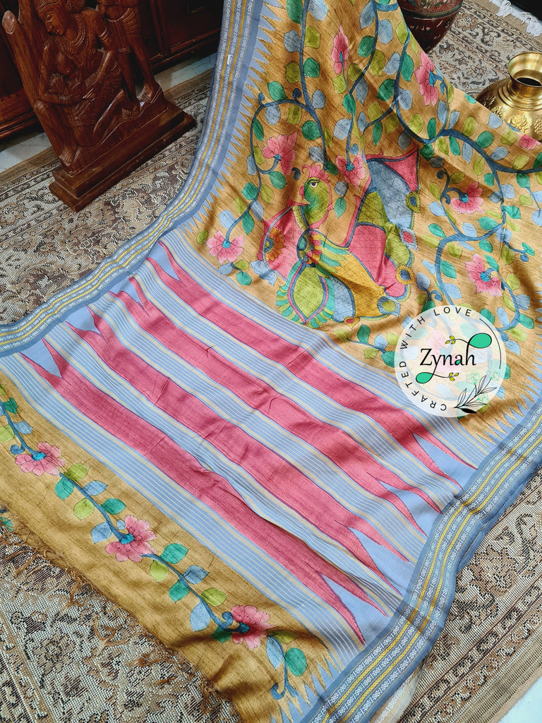 Zynah Pure Vidarbha Tussar Silk Saree with Handpainted Kalamkari Design, Karvati Kinar & Temple border; Custom Stitched/Ready-made Blouse, Fall, Petticoat; Shipping available USA, Worldwide