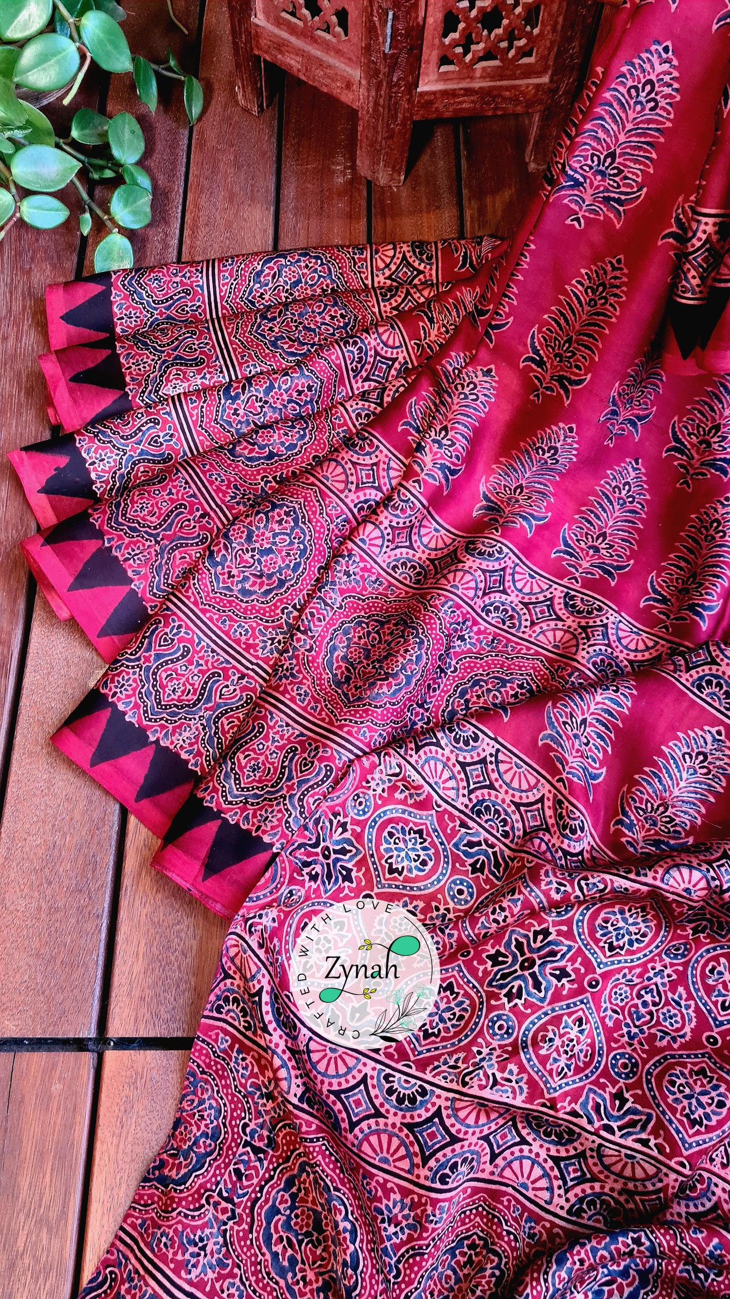Zynah Pure Modal Silk Ajrakh Saree with Handblock Prints; Custom Stitched/Ready-made Blouse, Fall, Petticoat; Shipping available USA, Worldwide