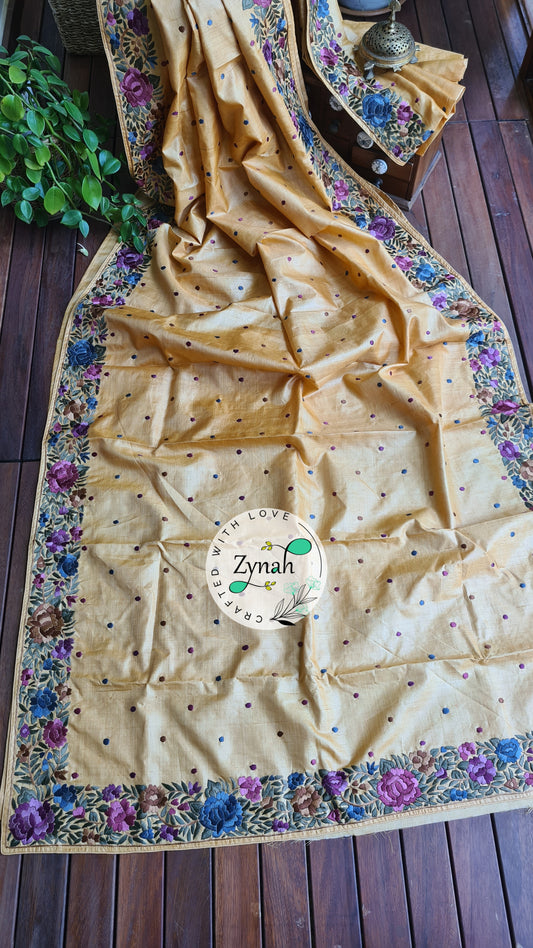 Zynah Made to Order Pure Tussar Silk Parsi Gara Handcrafted Saree; Custom Stitched/Ready-made Blouse, Fall, Petticoat; Shipping available USA, Worldwide