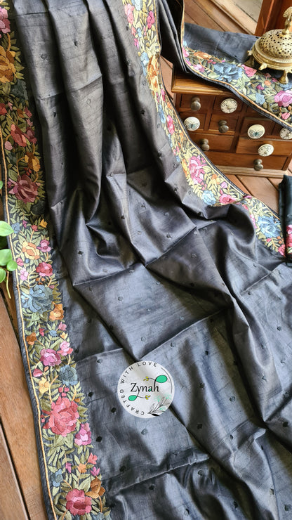Zynah Made to Order Pure Tussar Silk Parsi Gara Handcrafted Saree; Custom Stitched/Ready-made Blouse, Fall, Petticoat; Shipping available USA, Worldwide