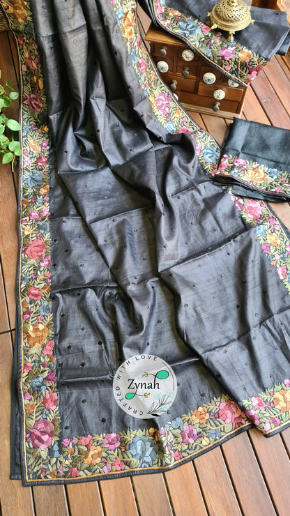 Zynah Made to Order Pure Tussar Silk Parsi Gara Handcrafted Saree; Custom Stitched/Ready-made Blouse, Fall, Petticoat; Shipping available USA, Worldwide