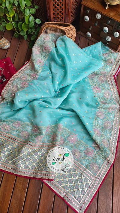 Zynah Pure Organza Silk Saree with Foil Mirror Work & Thread Embroidery; Custom Stitched/Ready-made Blouse, Fall, Petticoat; Shipping available USA, Worldwide