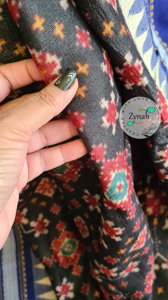 Zynah Pure Vidarbha Tussar Silk Saree with Patan Patola Print, Karvati Kinar & Temple border; Custom Stitched/Ready-made Blouse, Fall, Petticoat; Shipping available USA, Worldwide