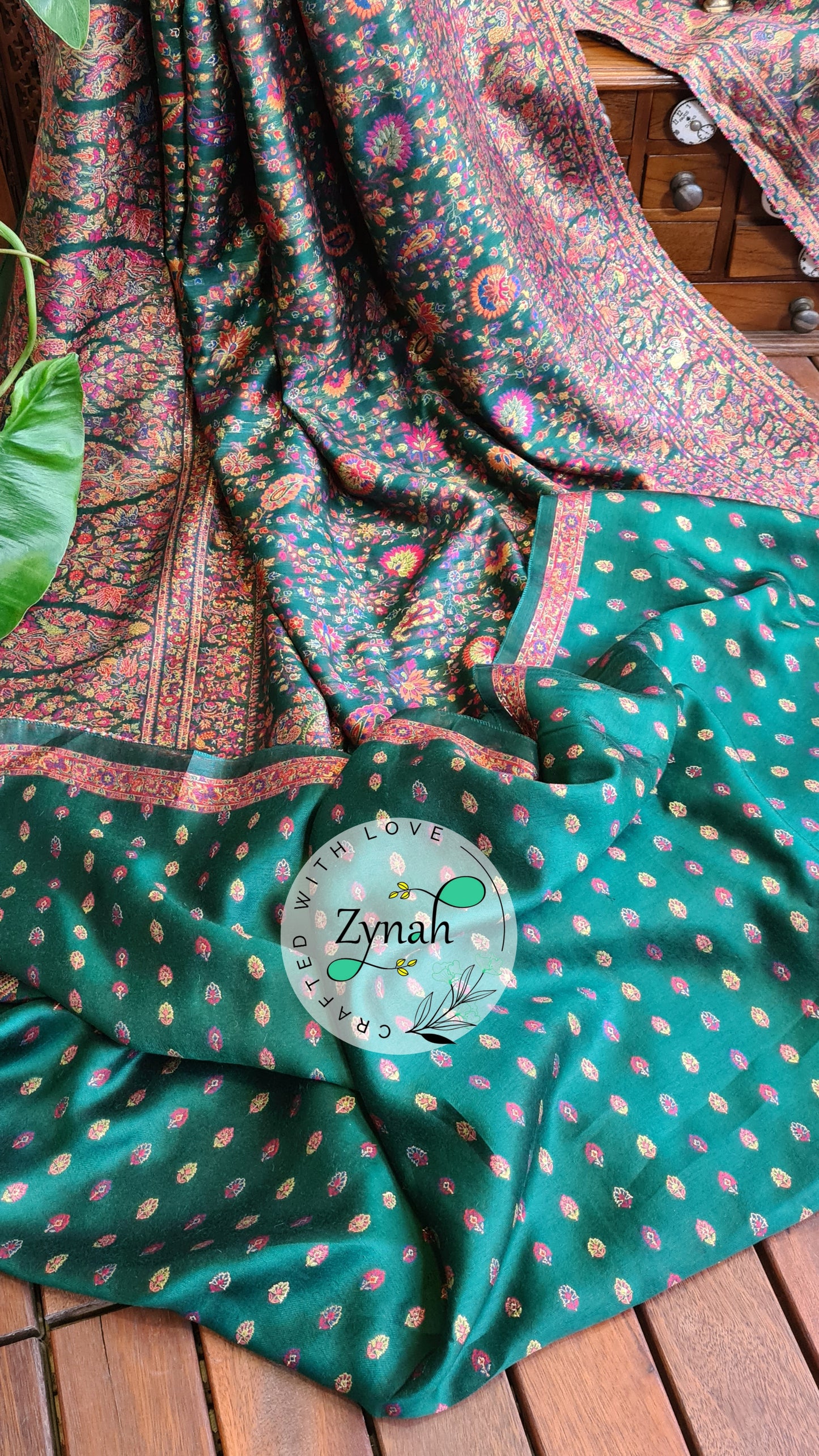 Zynah Green Kashmiri Pure Kani Silk Jamavar Saree | Kashmiri Traditional Pashmina Pure Silk Kani Saree; Custom Stitched/Ready-made Blouse, Fall, Petticoat; SKU: 0903202206