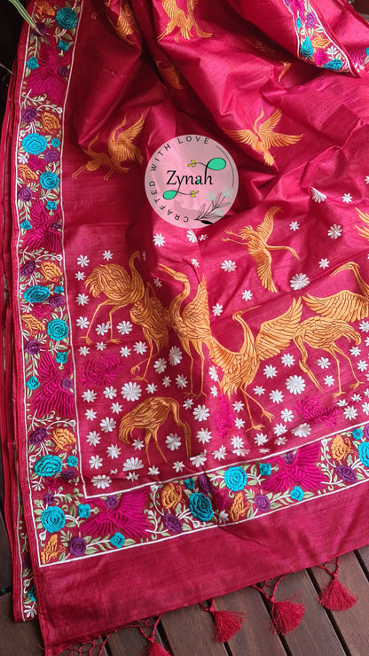 Zynah Pure Tussar Silk Parsi work Inspired Saree, Flamingo Bird Motifs; Custom Stitched/Ready-made Blouse, Fall, Petticoat; Shipping available USA, Worldwide