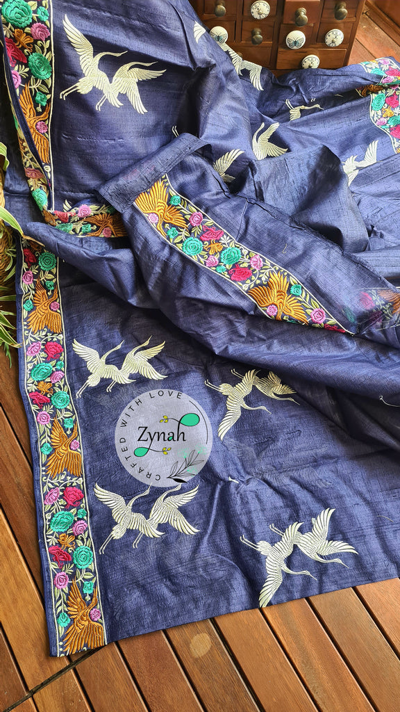 Zynah Pure Tussar Silk Parsi work Inspired Saree, Flamingo Bird Motifs; Custom Stitched/Ready-made Blouse, Fall, Petticoat; Shipping available USA, Worldwide