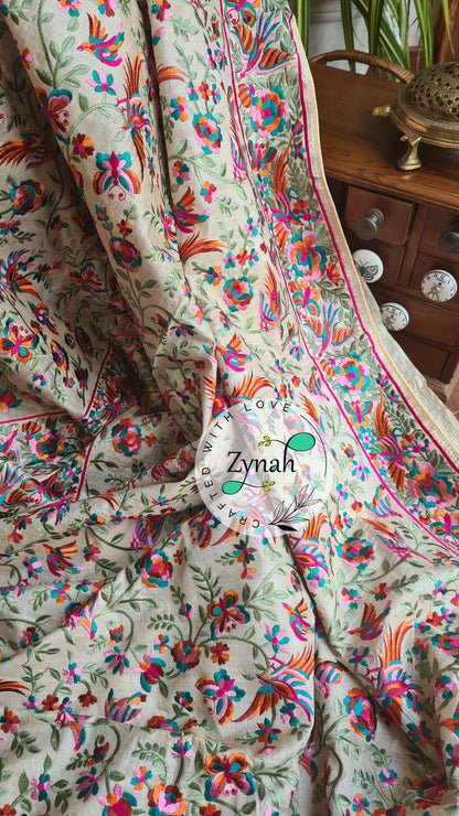 Zynah Pure Tussar Silk Parsi work Inspired Saree, Flamingo Bird Motifs; Custom Stitched/Ready-made Blouse, Fall, Petticoat; Shipping available USA, Worldwide