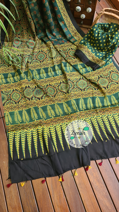 Zynah Pure Modal Silk Ajrakh Saree with Handblock Prints; Custom Stitched/Ready-made Blouse, Fall, Petticoat; Shipping available USA, Worldwide