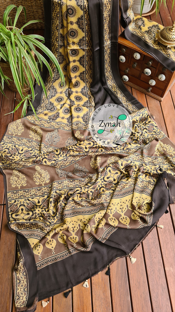 Zynah Pure Modal Silk Ajrakh Saree with Handblock Prints; Custom Stitched/Ready-made Blouse, Fall, Petticoat; Shipping available USA, Worldwide