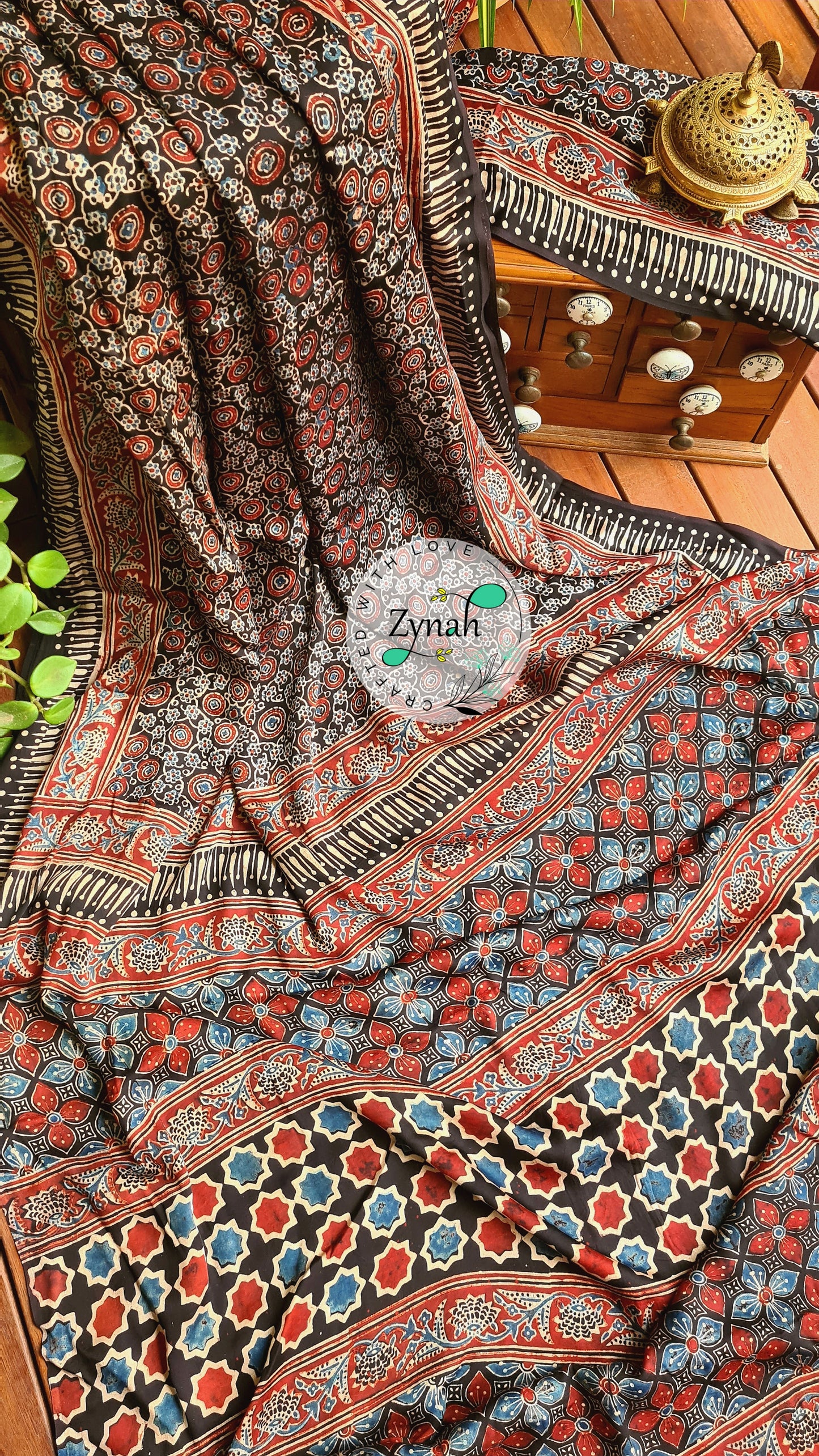Zynah Pure Modal Silk Ajrakh Saree with Handblock Prints; Custom Stitched/Ready-made Blouse, Fall, Petticoat; Shipping available USA, Worldwide