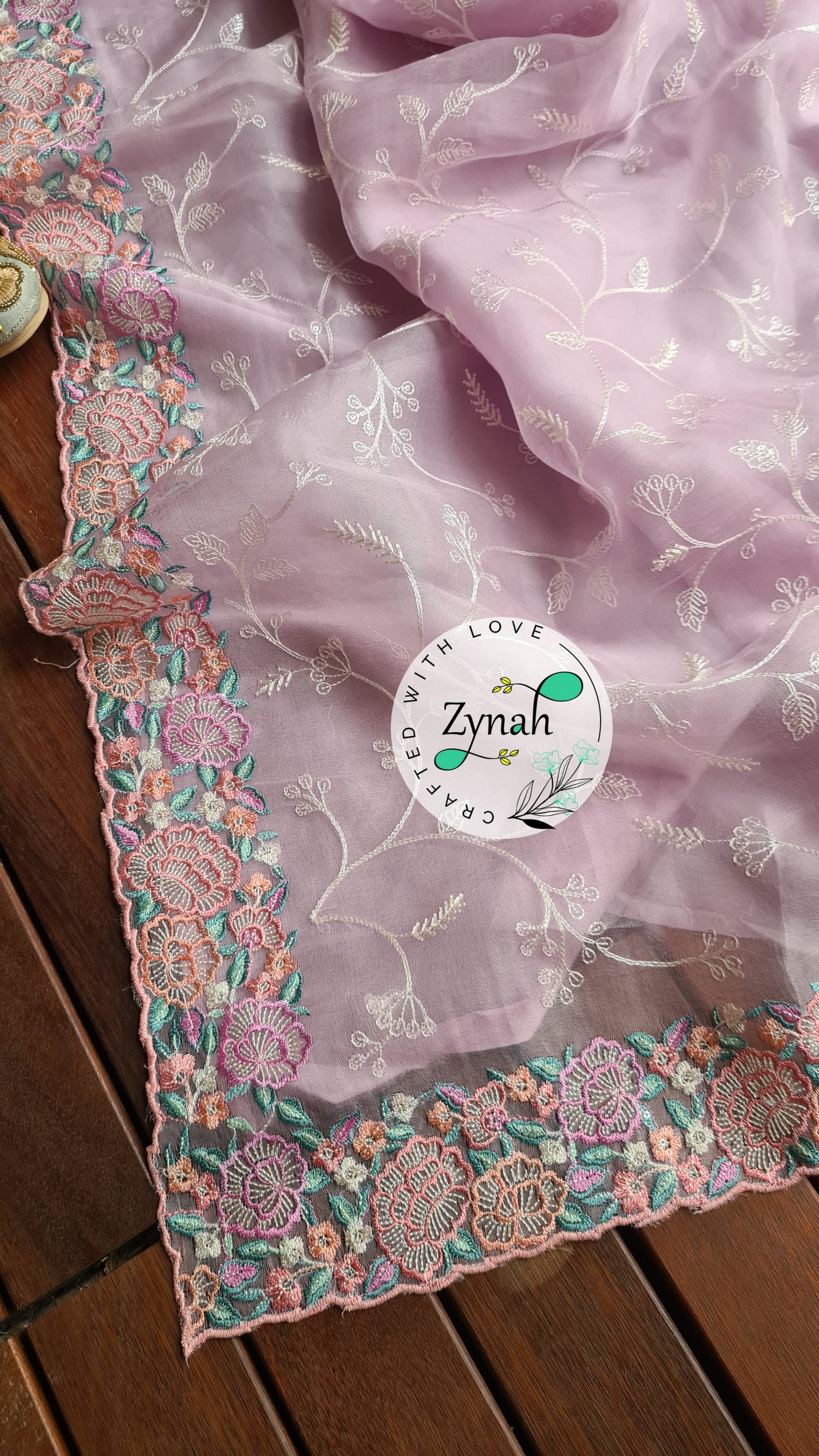 Zynah Pure Organza Silk Saree with Scalloped Border, Thread Embroidery & Sequence Work; Custom Stitched/Ready-made Blouse, Fall, Petticoat; Shipping available USA, Worldwide