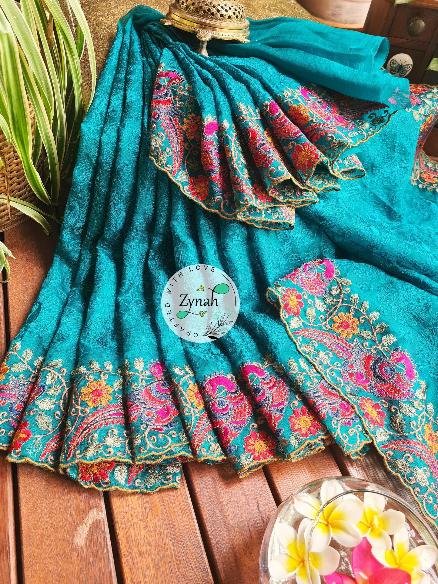 Zynah Designer Pure Kora Silk Saree with Scalloped Border & Thread Embroidery; Custom Stitched/Ready-made Blouse, Fall, Petticoat; Shipping available USA, Worldwide
