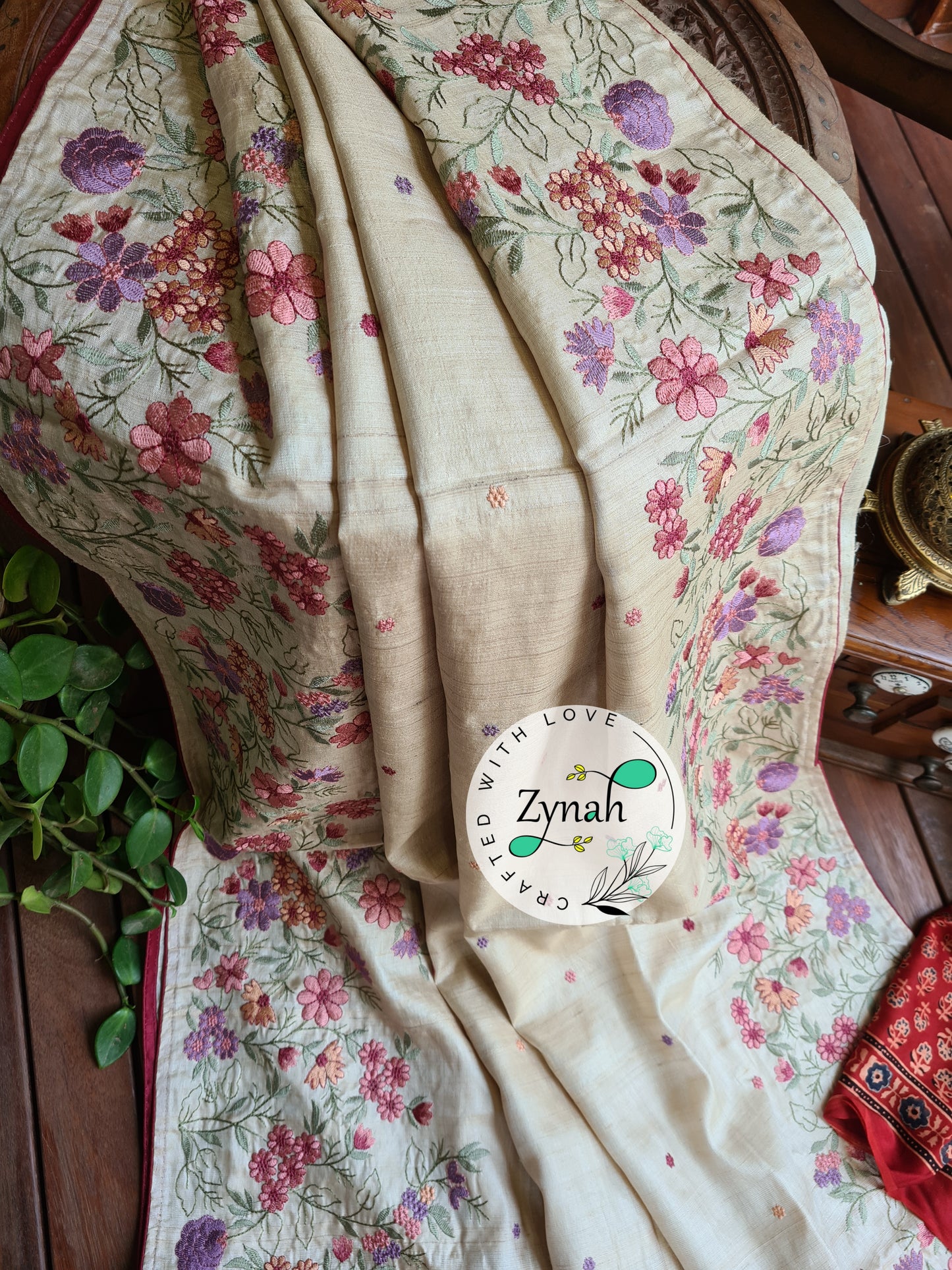 Zynah Pure Tussar Silk Embroidered Saree with 2 blouse pieces; Custom Stitched/Ready-made Blouse, Fall, Petticoat; Shipping available USA, Worldwide