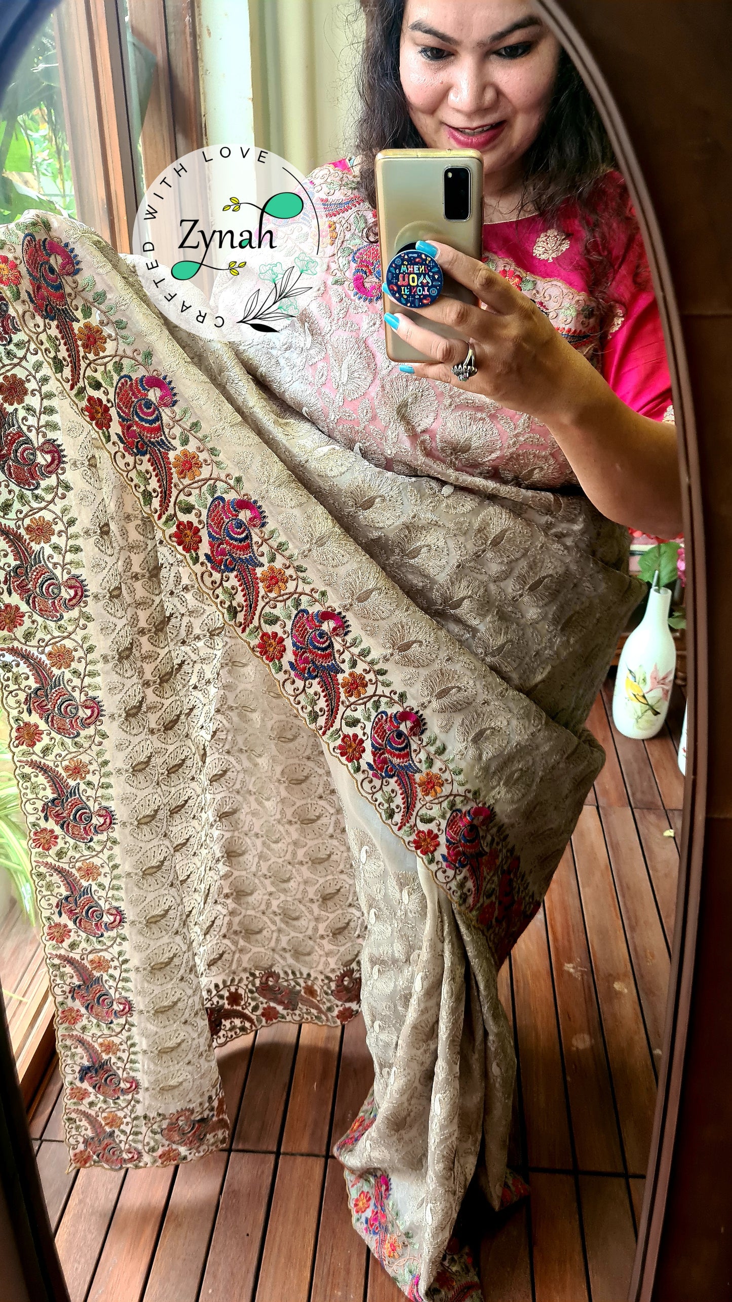 Zynah Designer Pure Kora Silk Saree with Scalloped Border & Thread Embroidery; Custom Stitched/Ready-made Blouse, Fall, Petticoat; Shipping available USA, Worldwide