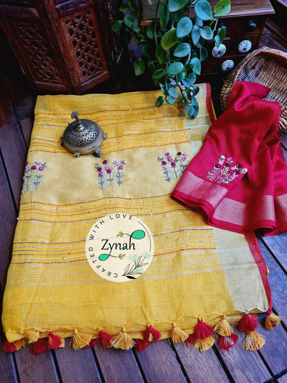 Zynah Pure Linen(120c) Handcrafted Saree with French Knot Hand Embroidery; Custom Stitched/Ready-made Blouse, Fall, Petticoat; Shipping available USA, Worldwide