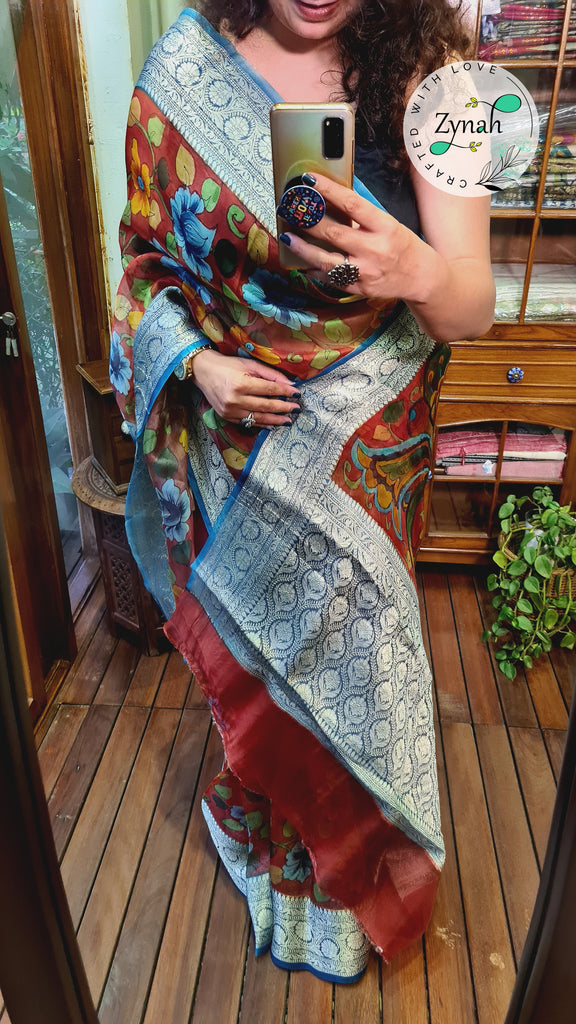 Zynah Pure Kora Silk Banarasi Saree with Hand-painted Kalamkari Designs, Zari Weave Border; Custom Stitched/Ready-made Blouse, Fall, Petticoat; Shipping available USA, Worldwide