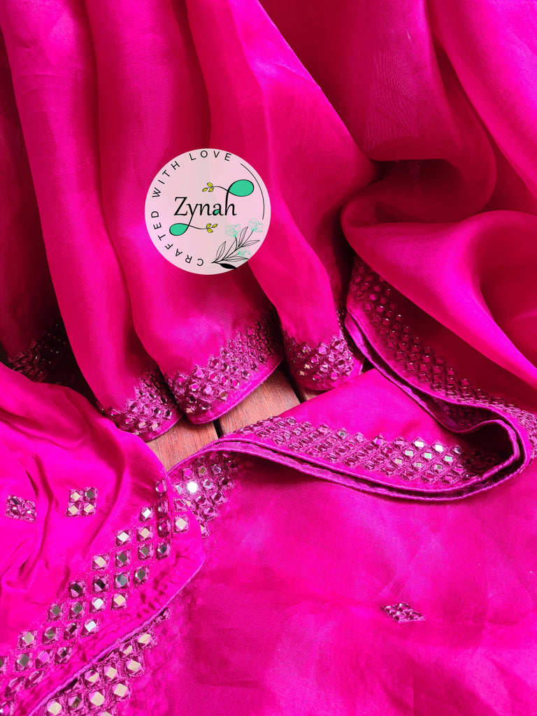 Zynah Pure Organza Silk Saree with Mirror Kutchi Work; Custom Stitched/Ready-made Blouse, Fall, Petticoat; Shipping available USA, Worldwide