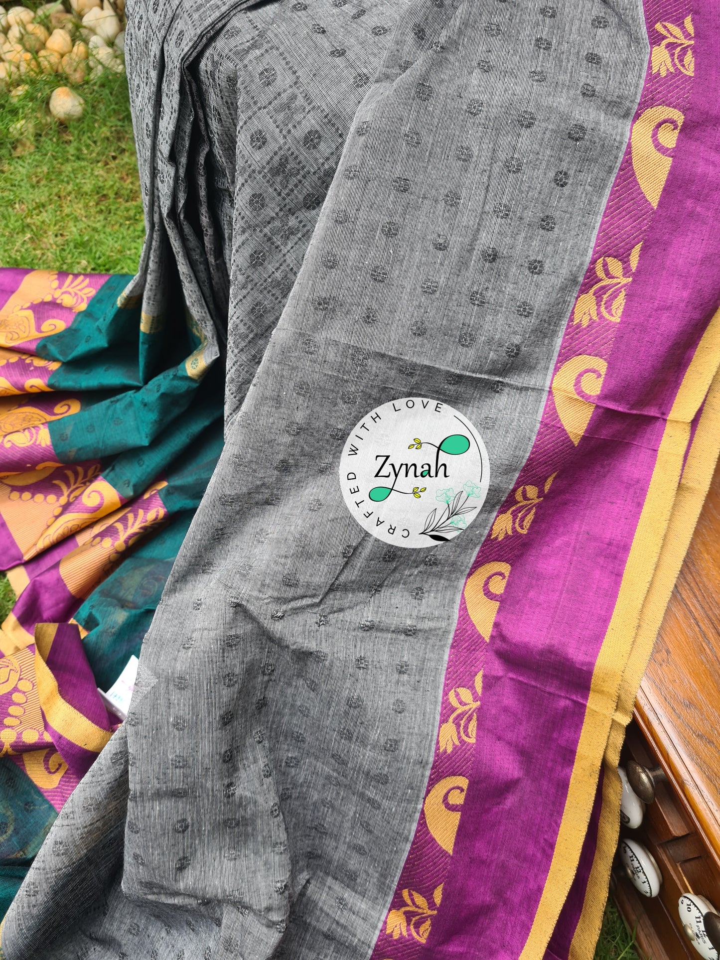 Zynah Grey Color Pure Handspun Cotton Saree with Zari Weave Border; Custom Stitched/Ready-made Blouse, Fall, Petticoat; Shipping available USA, Worldwide