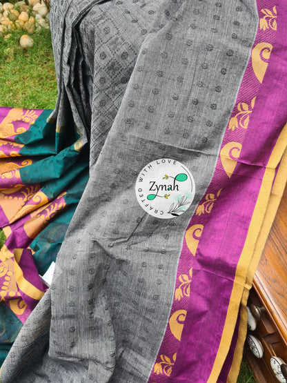 Zynah Grey Color Pure Handspun Cotton Saree with Zari Weave Border; Custom Stitched/Ready-made Blouse, Fall, Petticoat; Shipping available USA, Worldwide