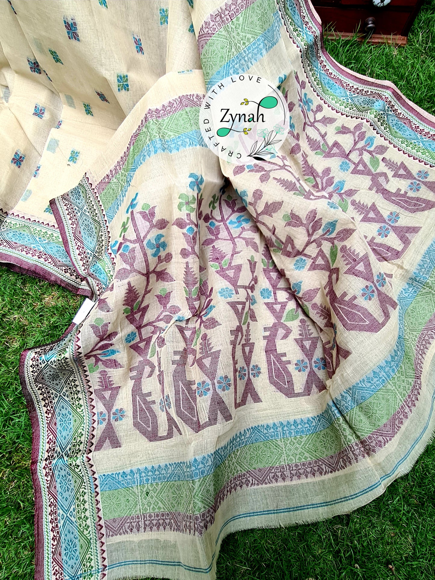 Zynah Off-white Color Pure Handspun Cotton Saree with Zari Weave Border; Custom Stitched/Ready-made Blouse, Fall, Petticoat; Shipping available USA, Worldwide