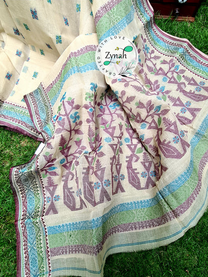 Zynah Off-white Color Pure Handspun Cotton Saree with Zari Weave Border; Custom Stitched/Ready-made Blouse, Fall, Petticoat; Shipping available USA, Worldwide