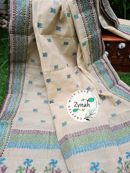 Zynah Off-white Color Pure Handspun Cotton Saree with Zari Weave Border; Custom Stitched/Ready-made Blouse, Fall, Petticoat; Shipping available USA, Worldwide