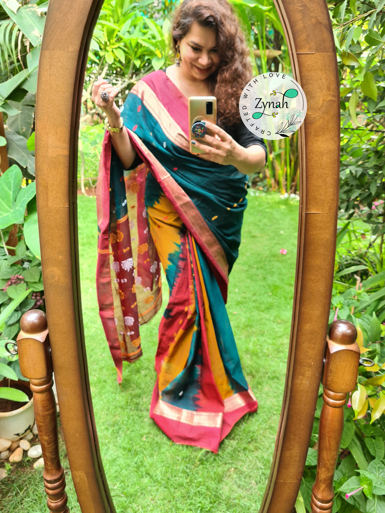 Zynah Green & Red Color Pure Handspun Cotton Saree with Zari Weave Border; Custom Stitched/Ready-made Blouse, Fall, Petticoat; Shipping available USA, Worldwide