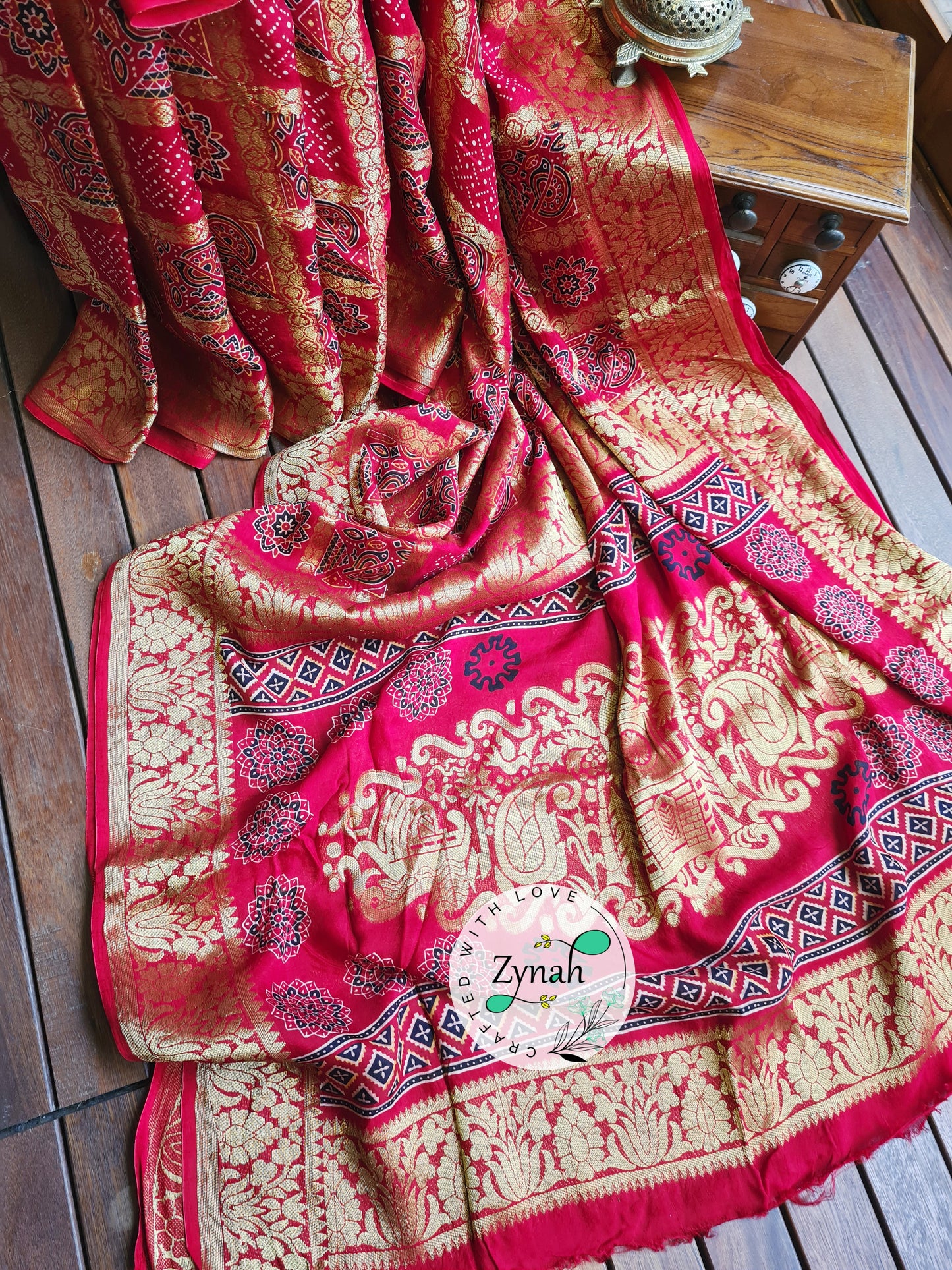 Zynah Pure Munga Silk Saree with Ajrakh Prints & Gharchola Zari Weave; Custom Stitched/Ready-made Blouse, Fall, Petticoat; Shipping available USA, Worldwide
