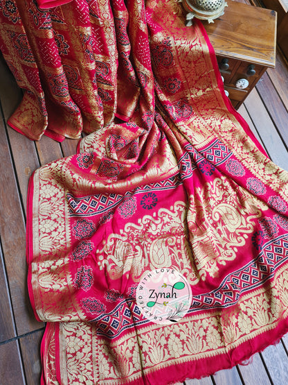 Zynah Pure Munga Silk Saree with Ajrakh Prints & Gharchola Zari Weave; Custom Stitched/Ready-made Blouse, Fall, Petticoat; Shipping available USA, Worldwide