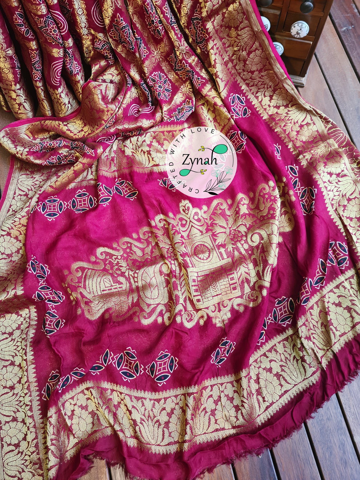 Zynah Pure Munga Silk Saree with Ajrakh Prints & Gharchola Zari Weave; Custom Stitched/Ready-made Blouse, Fall, Petticoat; Shipping available USA, Worldwide