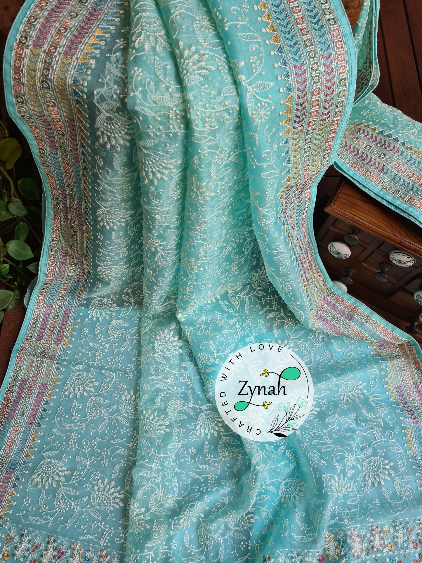Zynah Powder Blue Color Pure Organza Silk Saree with Kantha Stitch & Chikankari Inspired Embroidery; Custom Stitched/Ready-made Blouse, Fall, Petticoat; Shipping available USA, Worldwide