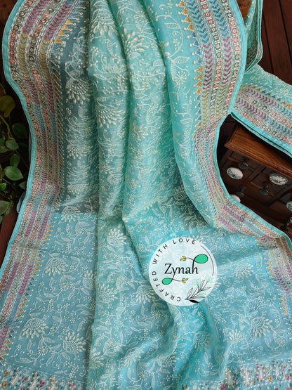 Zynah Powder Blue Color Pure Organza Silk Saree with Kantha Stitch & Chikankari Inspired Embroidery; Custom Stitched/Ready-made Blouse, Fall, Petticoat; Shipping available USA, Worldwide