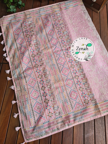 Zynah Pure Organza Silk Saree with Kantha Style Embroidery; Custom Stitched/Ready-made Blouse, Fall, Petticoat; Shipping available USA, Worldwide