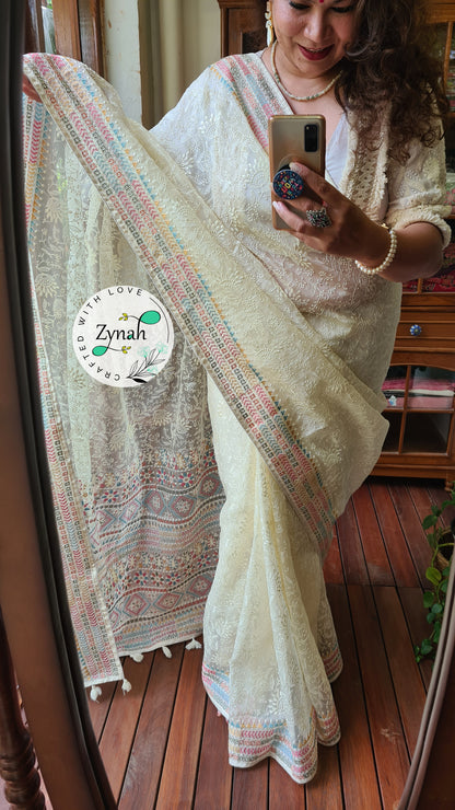 Zynah Off-white Color Pure Organza Silk Saree with Kantha Style Embroidery; Custom Stitched/Ready-made Blouse, Fall, Petticoat; Shipping available USA, Worldwide