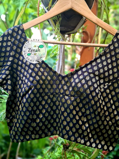 Zynah Pre-order Pure Silk Black Color Blouse with Butis weave; Shipping available USA & Worldwide