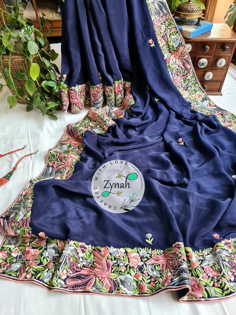 Zynah Blue Color Made to Order Pure Crepe Silk Parsi Gara Handcrafted Saree; Custom Stitched/Ready-made Blouse, Fall, Petticoat; Shipping available USA, Worldwide