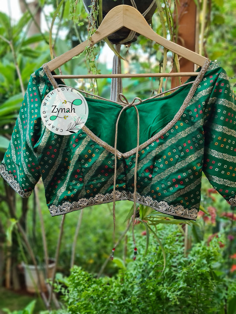Zynah Pre-order Pure Silk Green Color Blouse with Lehriya weave; Shipping available USA & Worldwide