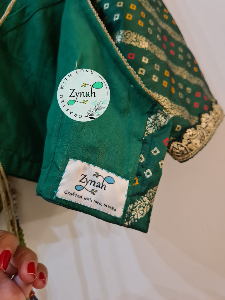 Zynah Pre-order Pure Silk Green Color Blouse with Lehriya weave; Shipping available USA & Worldwide