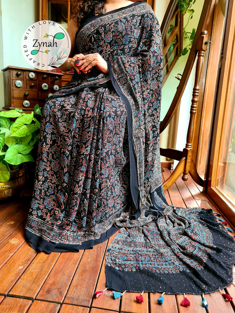 Zynah Black Color Pure Georgette Sequence Work Saree with Ajrakh Handblock Prints; Custom Stitched/Ready-made Blouse, Fall, Petticoat; Shipping available USA, Worldwide