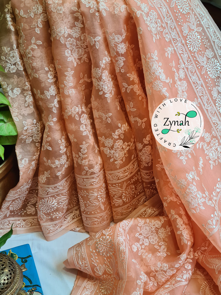 Zynah Peach Color Pure Organza Chikankari Saree in Pastel Shade; Custom Stitched/Ready-made Blouse, Fall, Petticoat; Shipping available USA, Worldwide