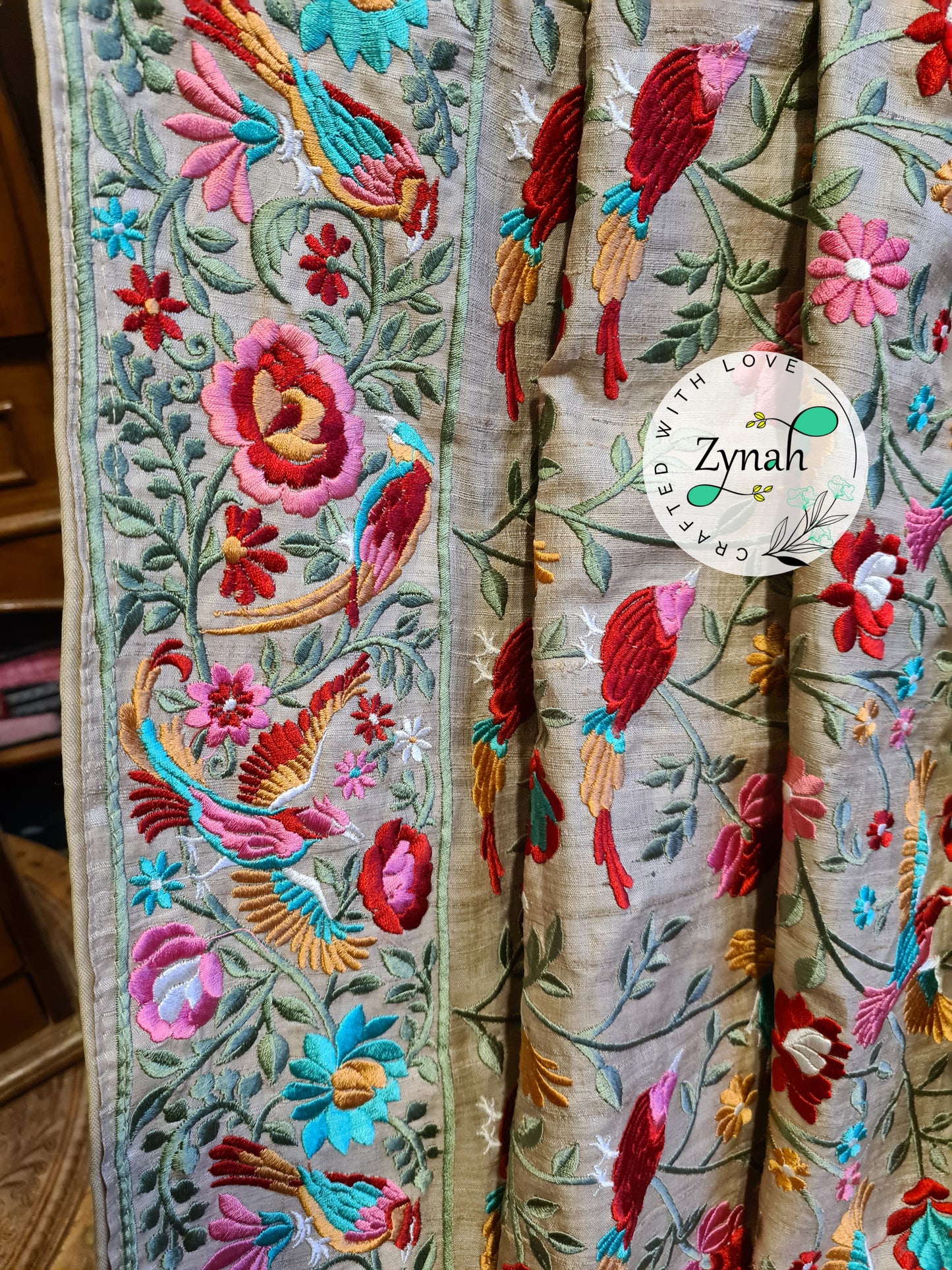 Zynah Tussar Color 2 Pure Tussar Silk Parsi Gara Inspired Embroidery Saree; Custom Stitched/Ready-made Blouse, Fall, Petticoat; Shipping available USA, Worldwide