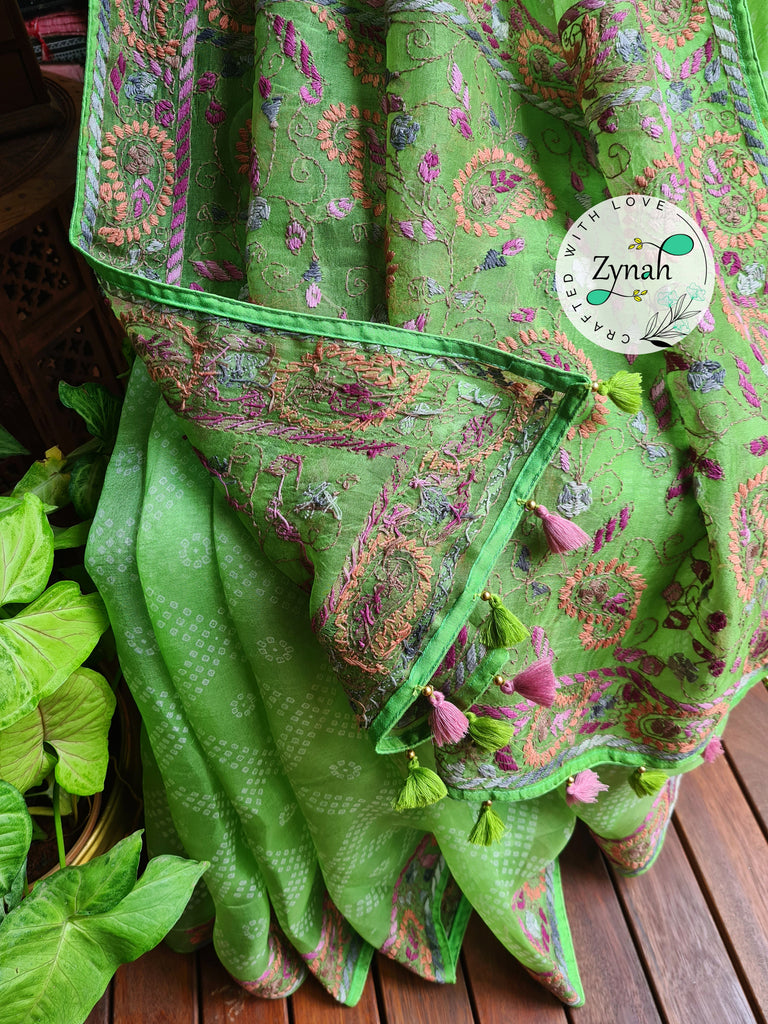 Zynah Light Green Color Pure Organza Silk Saree with Bandhani Prints & Kantha Embroidery; Custom Stitched/Ready-made Blouse, Fall, Petticoat; Shipping available USA, Worldwide