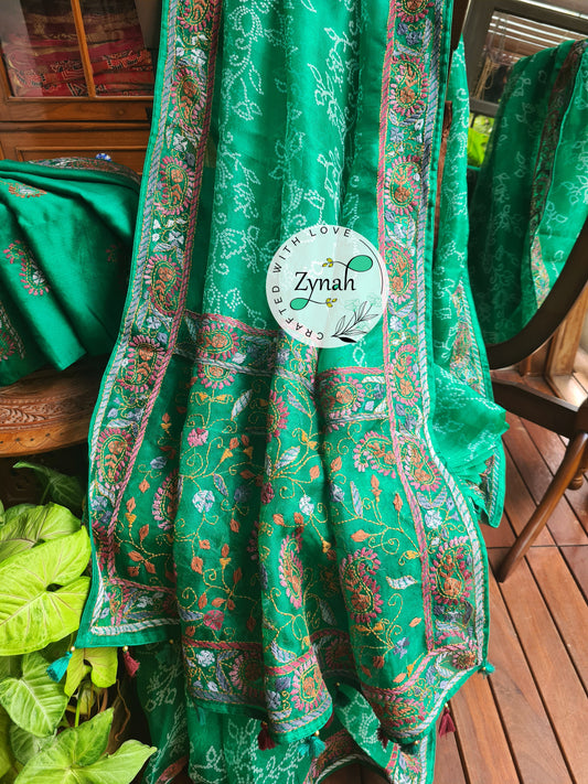 Zynah Green Color Pure Organza Silk Saree with Bandhani Prints & Kantha Embroidery; Custom Stitched/Ready-made Blouse, Fall, Petticoat; Shipping available USA, Worldwide